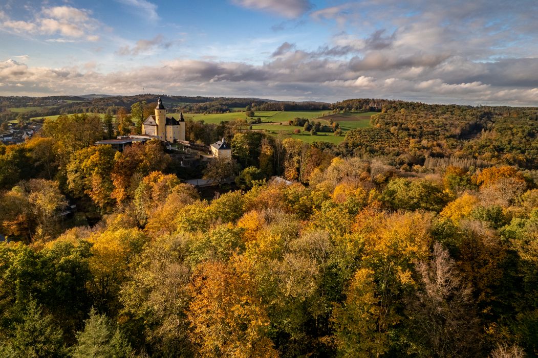 Kasteel Homburg bij Nümbrecht ligt op een heuvel en wordt omringd door veel bomen.