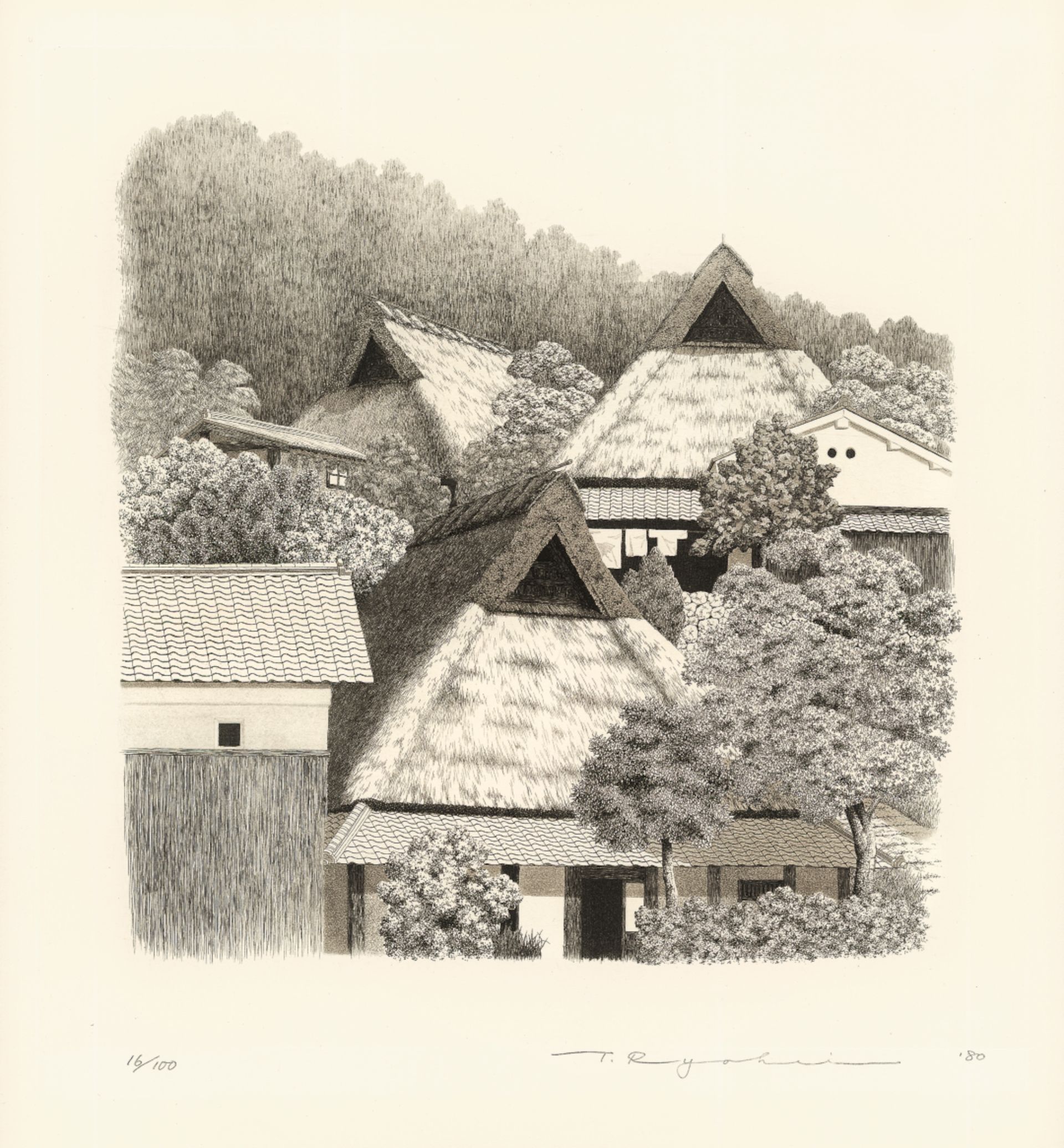 Tanaka Ryōhei (1933-2019), Dorp in de zomer, ets en aquatint, 36,5 × 36,5 cm, Japan 1980