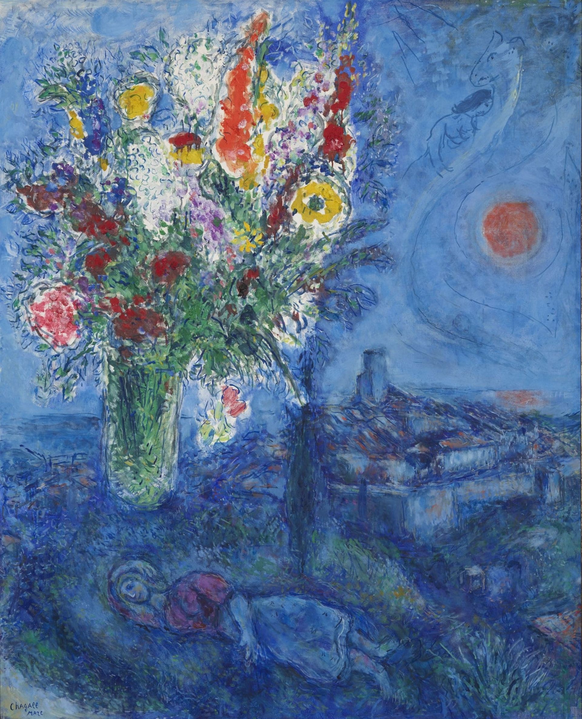 Marc Chagall, Slapende vrouw met bloemen, 1972, La dormeuse aux fleurs, olieverf op doek, 146 x 118 cm, ALBERTINA Museum, Wenen - Batliner Collectie, ALBERTINA Museum, Wenen (Foto's: Daniel Antalfi, Ana Paula Franco, Paul Landl)