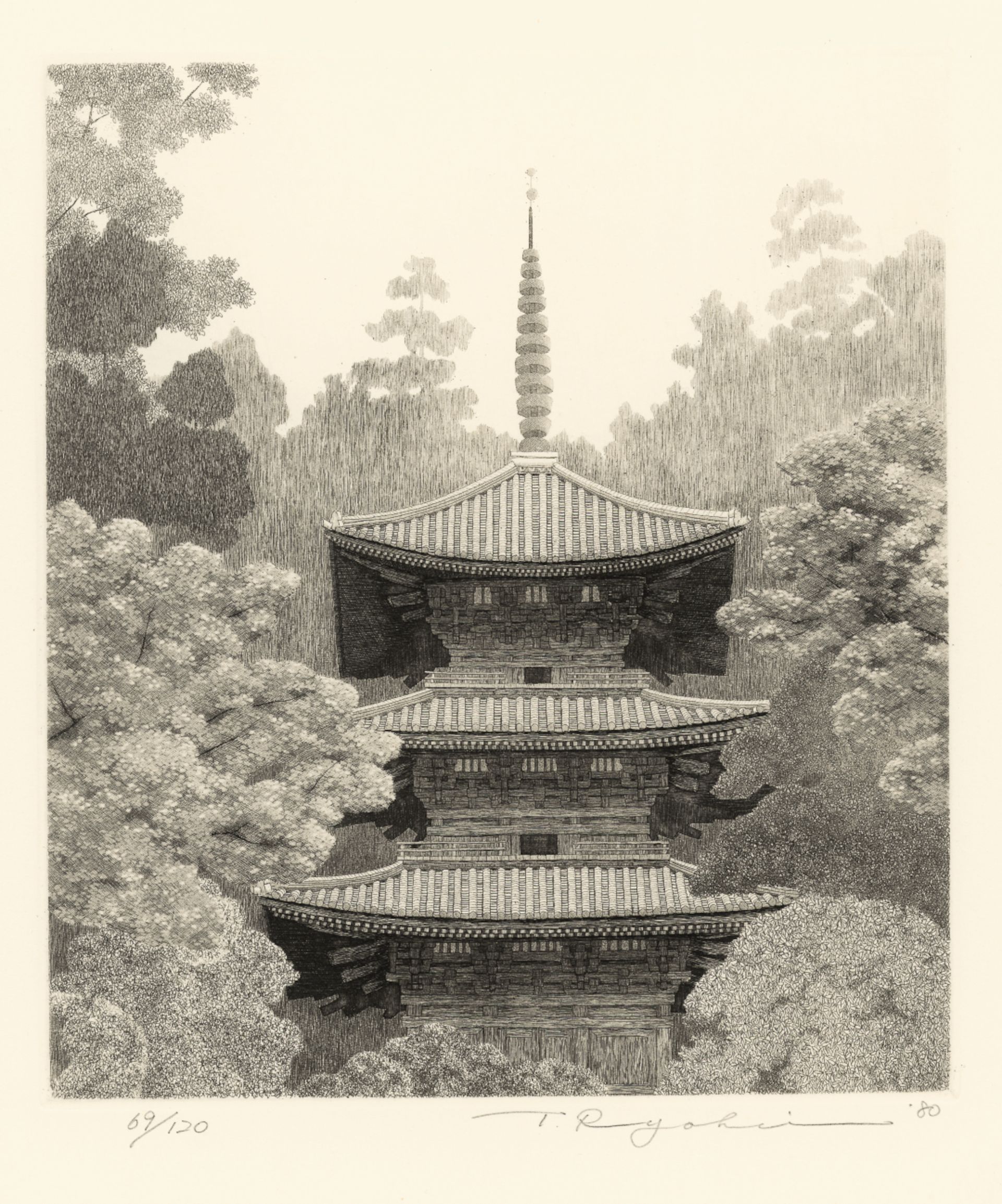 Tanaka Ryōhei (1933-2019), Gansen-Ji, ets, 24,5 × 21,5 cm, Japan 1980