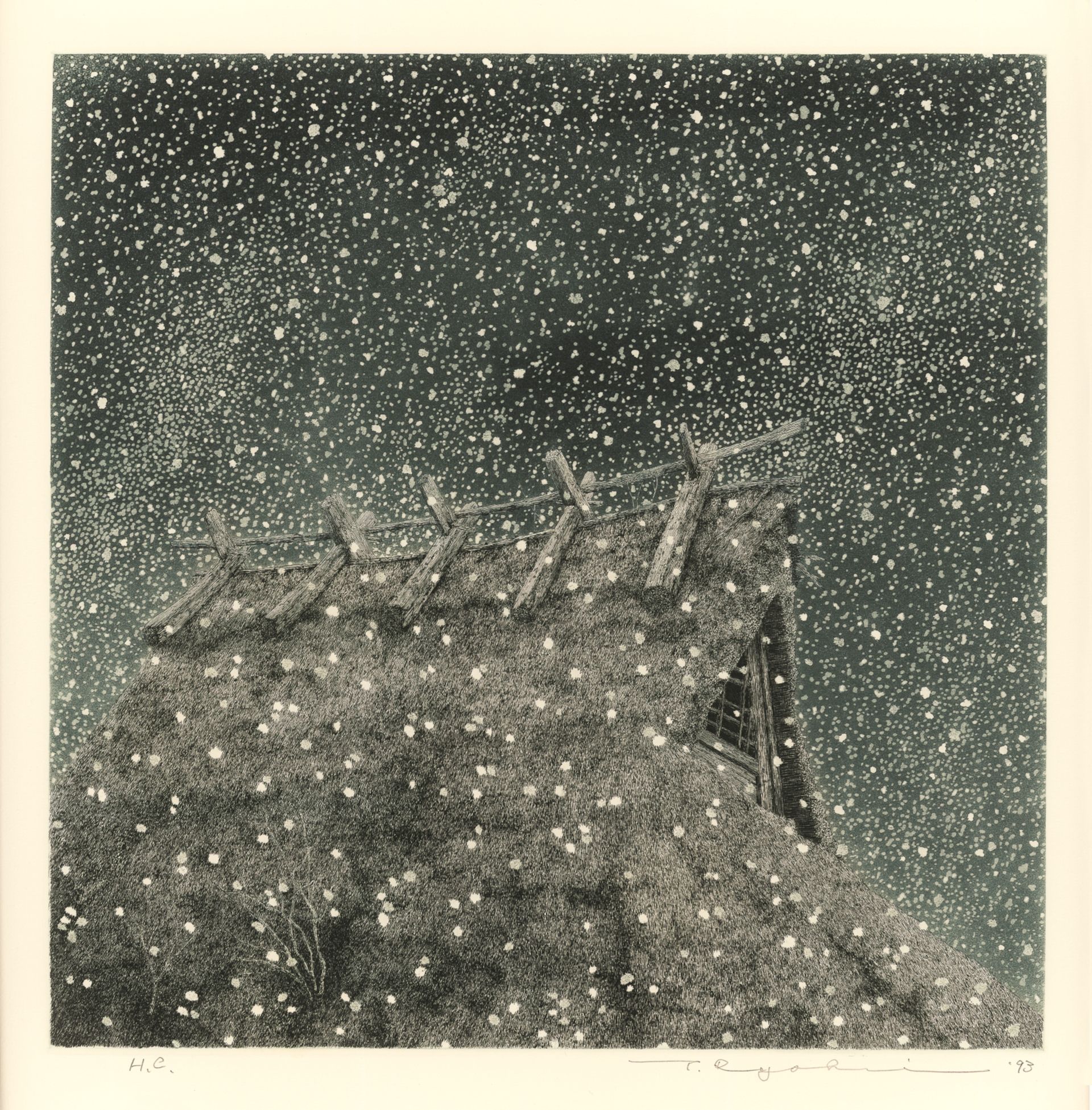 Tanaka Ryōhei (1933-2019), Sneeuw en rieten dak, ets en aquatint, 36,5 × 36,5 cm, Japan 1993