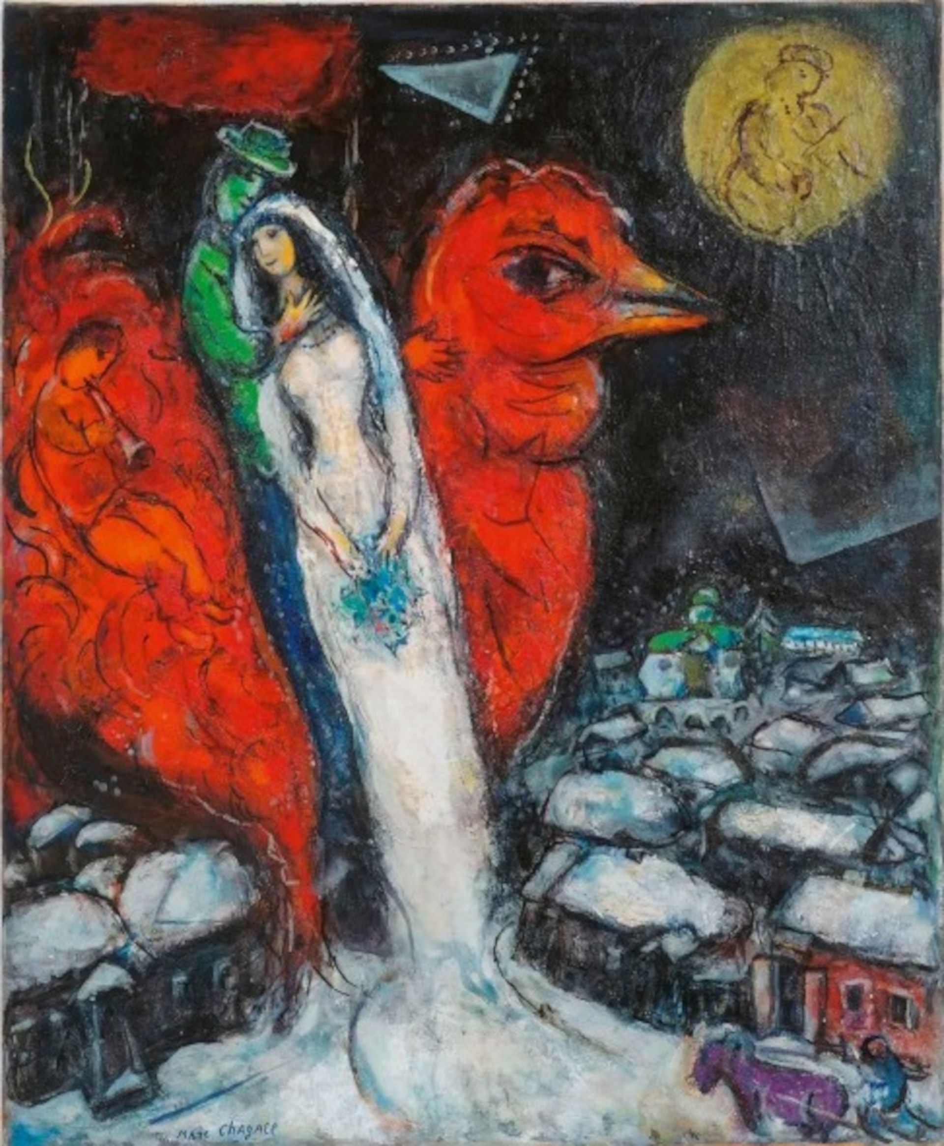 Marc Chagall, Geliefden met rode haan, 1956-1965, Les amoureux au coq rouge, olieverf, gouache, tempera en inkt op doek, 81 x 66 cm, Privécollectie Duitsland, Courtesy Samuelis Baumgarte Galerie